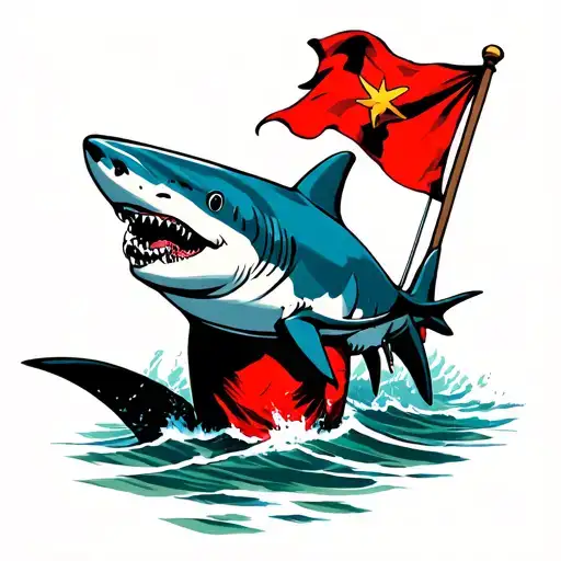 Bull Shark Tattoo Holding Small Red Flag