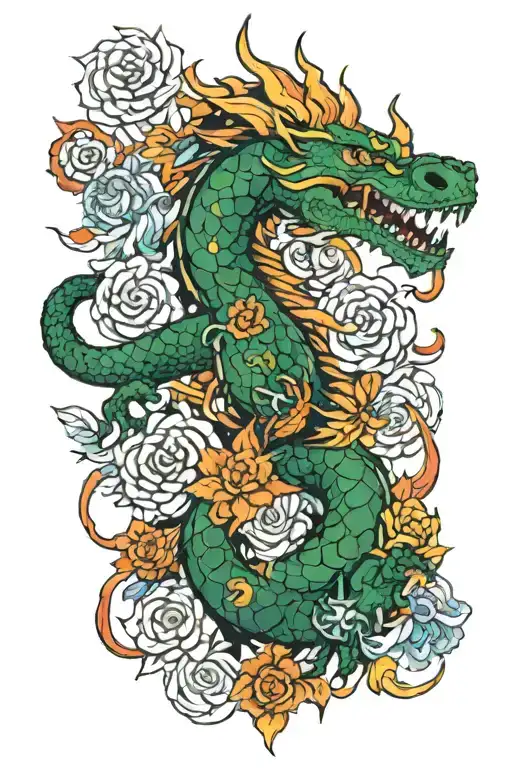 7 Chakras Dragon Breathing Fire And Sword And Flowers