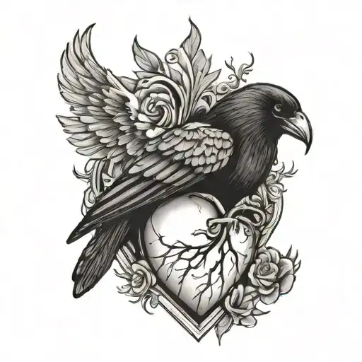 Black And Grey Human Heart With Full Size Crow On Top