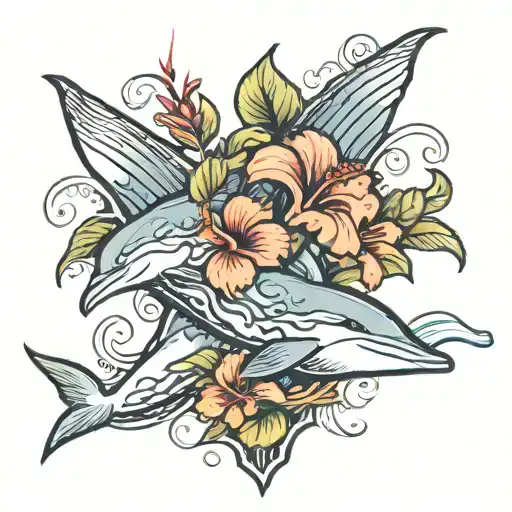 Cross With Hibiscus Flowers And A Dolphin Jumping