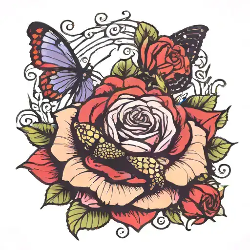 Red Rose With Violet Butterfly And Turtle