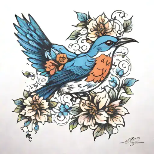 Blue Bird And Flowers Intertwined