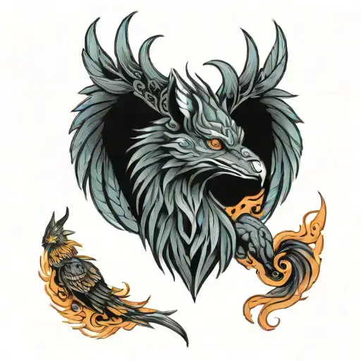 Big Phoenix Tattoo With Wolf Tattoo Featuring