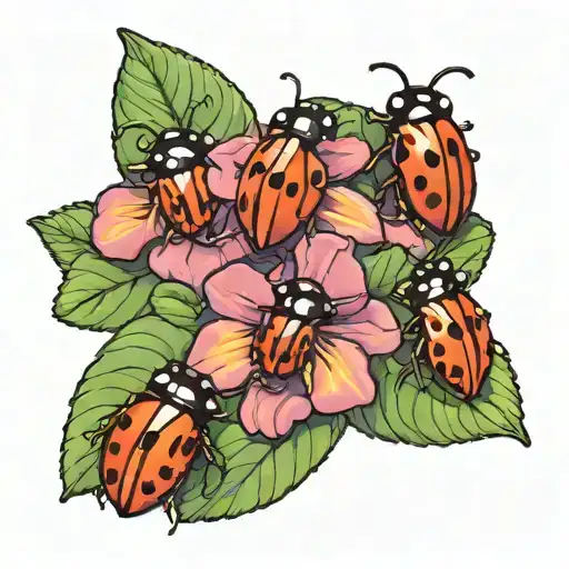 3 Small Ladybugs Sitting On The Petals Of A Bouquet Of African Violets With Stems And Without Leaves