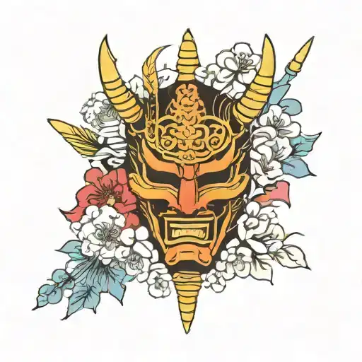 Samurai Mask And Flowers