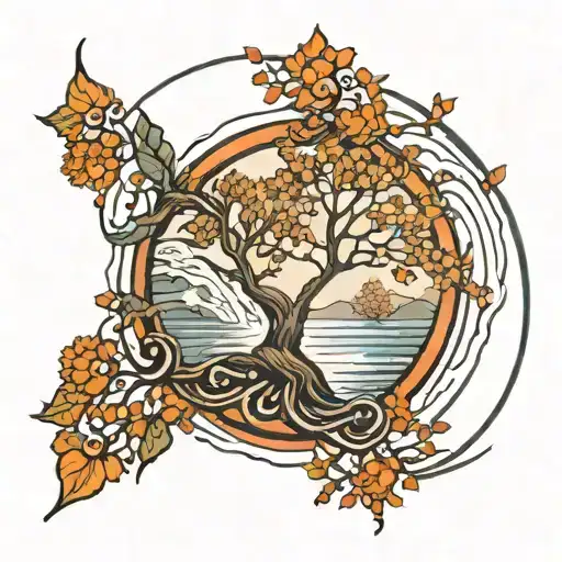 Circle And Flowing Line And Water With Tree