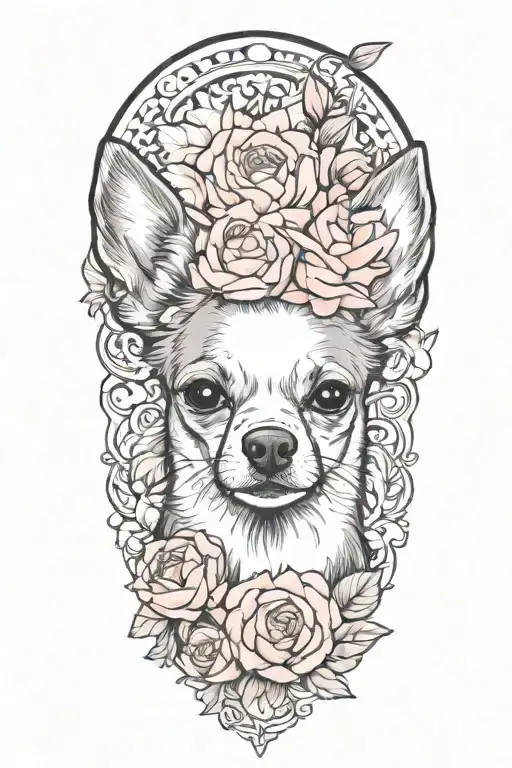 Chihuahua Mix Dog With Medium Size Floppy Ears With Peonies Around