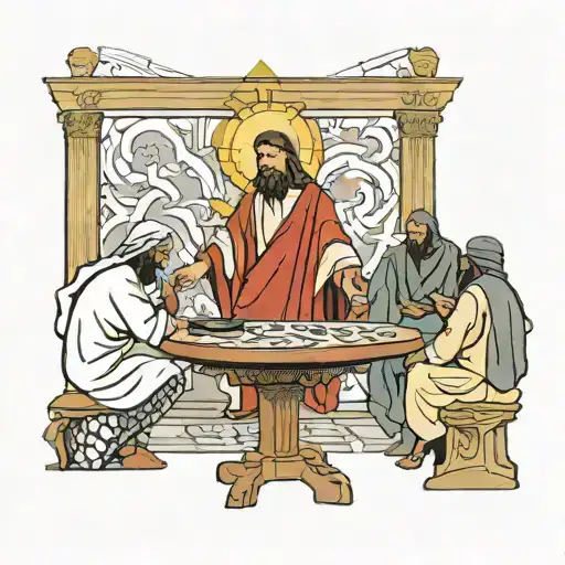 Jesus Flipping A Table In The Temple Surrounded By Angry Pharisees
