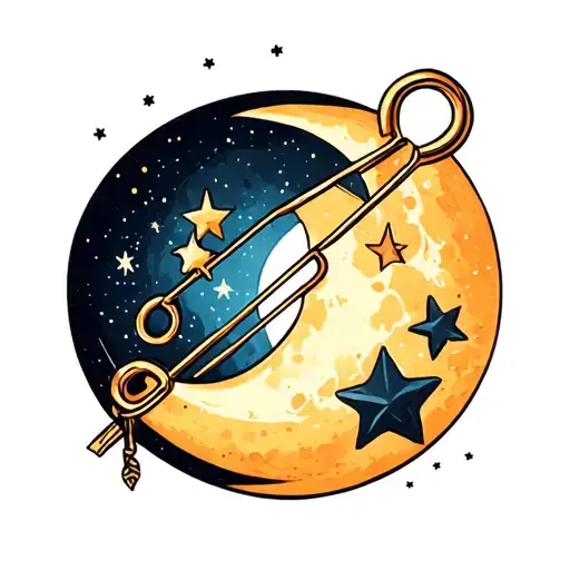 A Simple Safety Pin Drawing With 2 Moon And 2 Star