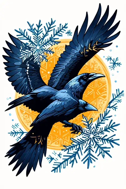Raven Flying With Snowflakes Falling