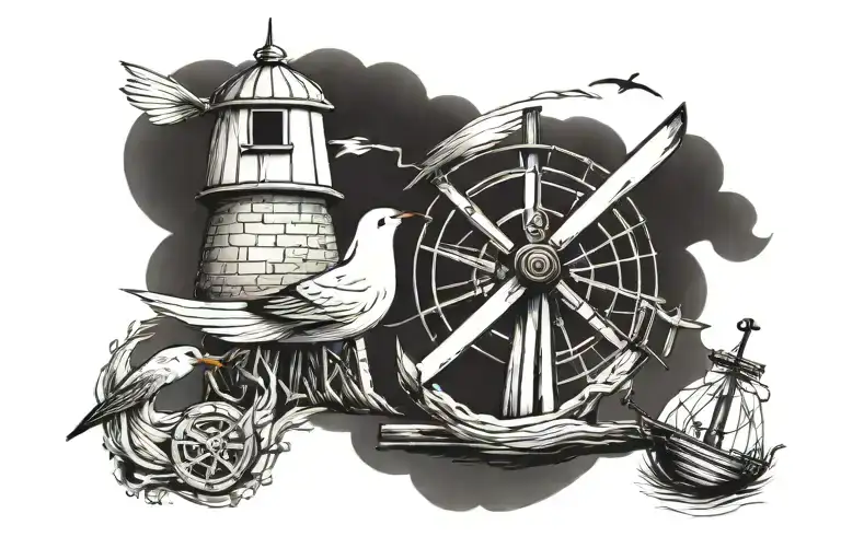 Old Small Windmill Seagull Carrying Anchor