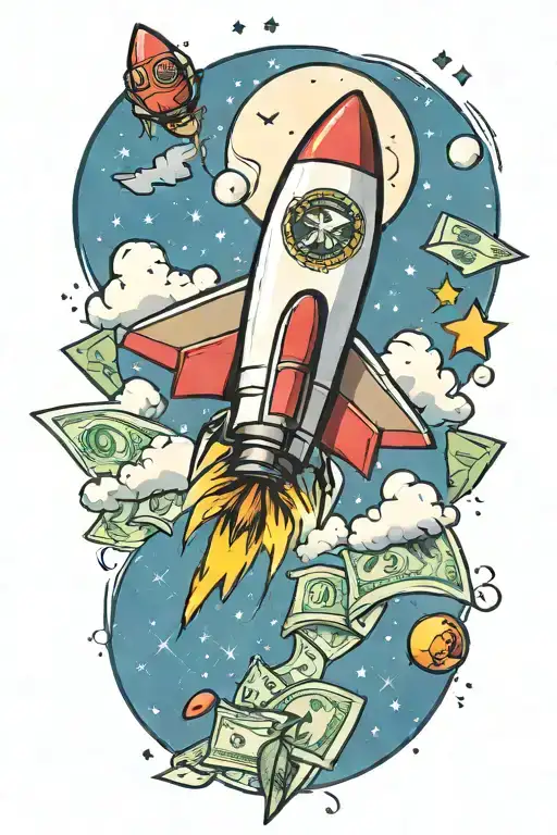 Rocket Flying With Money Signs And Music Notes