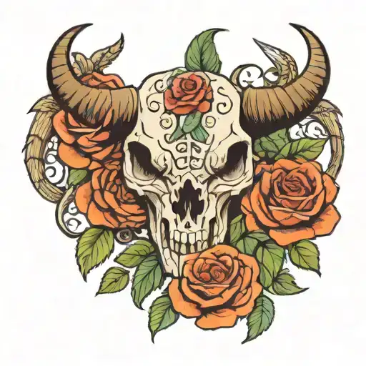 A Bison Skull With A Snake Running Through It And A Couple Of Roses