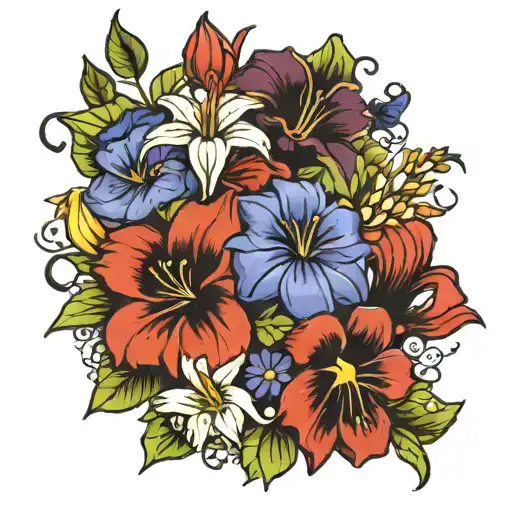 Bouquet Of Roses Lilies Morning Glories Violets Daisy