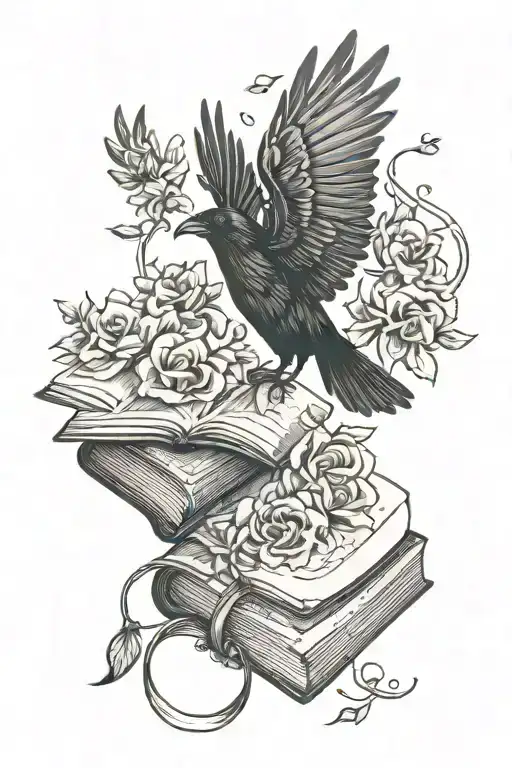 Crow Flying Out Of Open Book With Flowers Intertwined