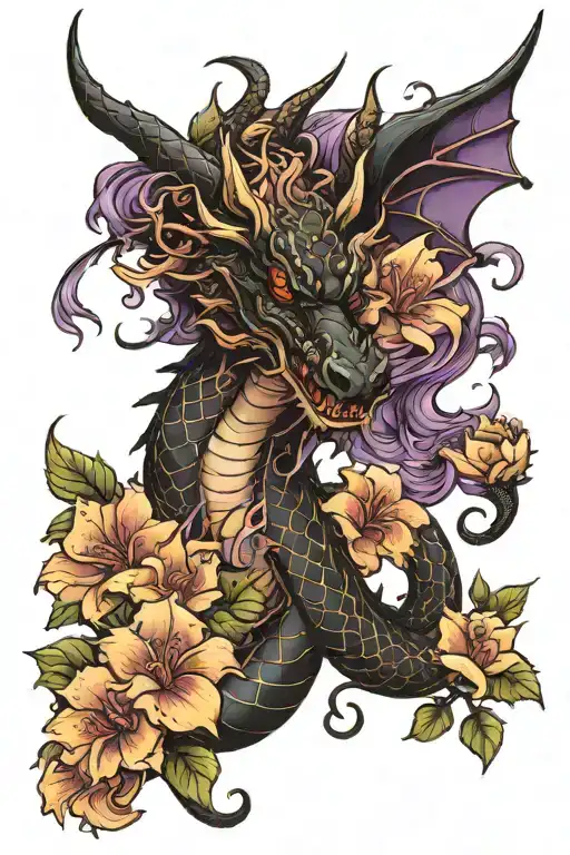 Black Dragon With Violet Flowers