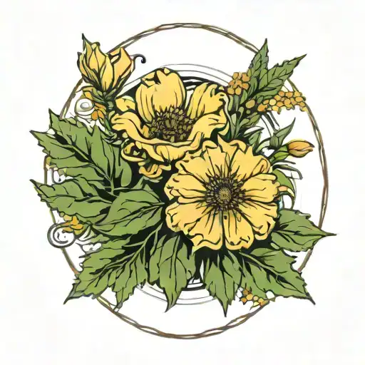 A Marigold Or Poppy Flower For A Sun In An Oval Floral Guaro Border And A Yucca Shrub