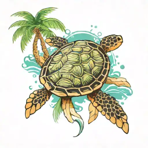 Sea Turtle And Palm Trees Background Looking Like