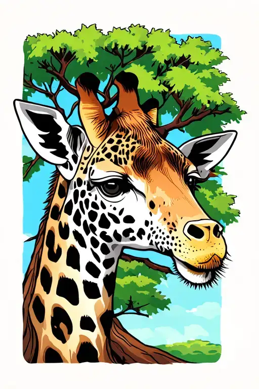 Giraffe Head With Tree In Background With Leopard Head Above Tree