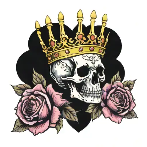 A Skull Wearing A Queen Crown Surrounded By Roses And Hearts