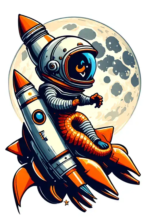 Earthworm Wearing A Space Helmet Riding A Rocket In Front Of The Moon