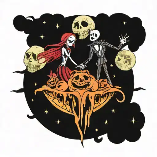 Jack Skeleton And Sally On A Moon With Stars Around