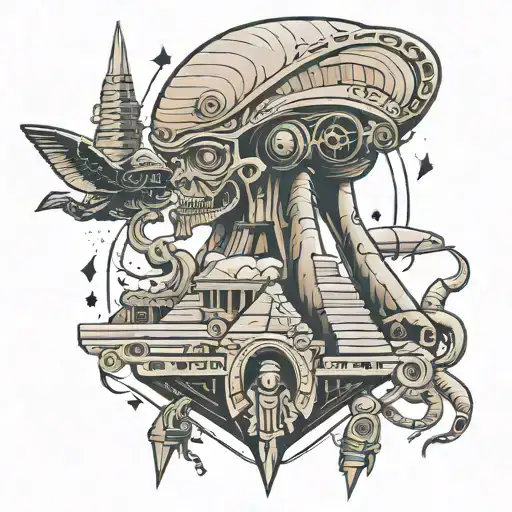 Aliens And Ancient Ruins Intertwined With Egyptian Hieroglyphics