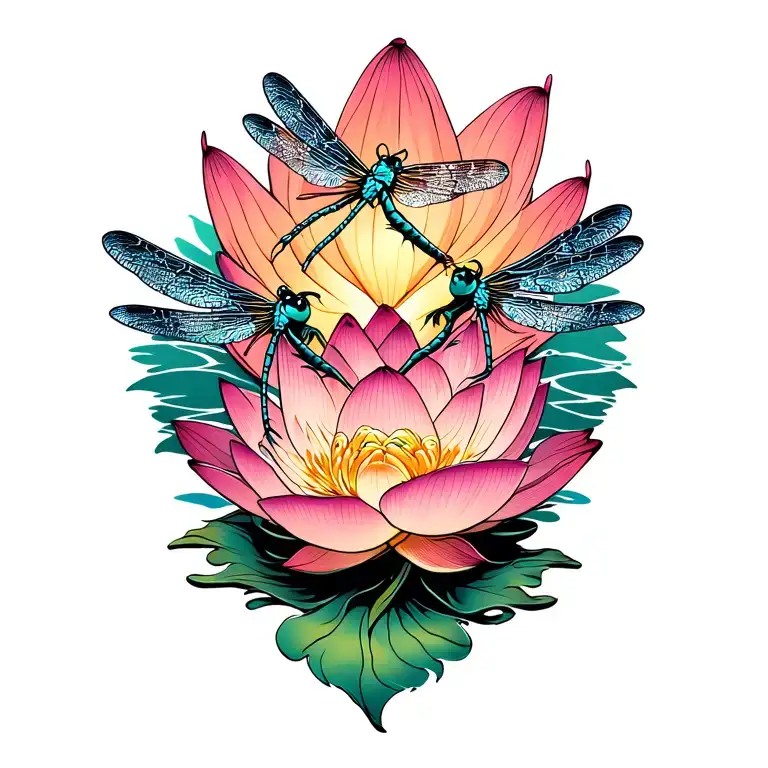 Lotus Flower With Two Dragonflies Flying