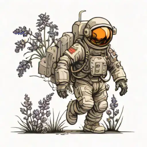 Astronaut Walking In A Field Of Lavender Flower