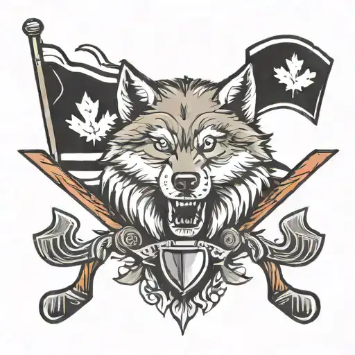 Canadian Flag With Hockey Sticks And A Wolf Howling