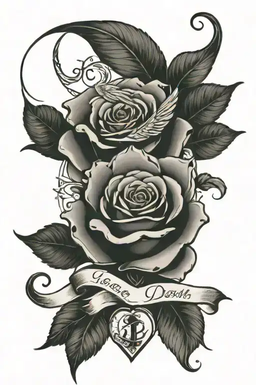 Heart Beat Line With Death Date And Birth Date With A Rose And Dove