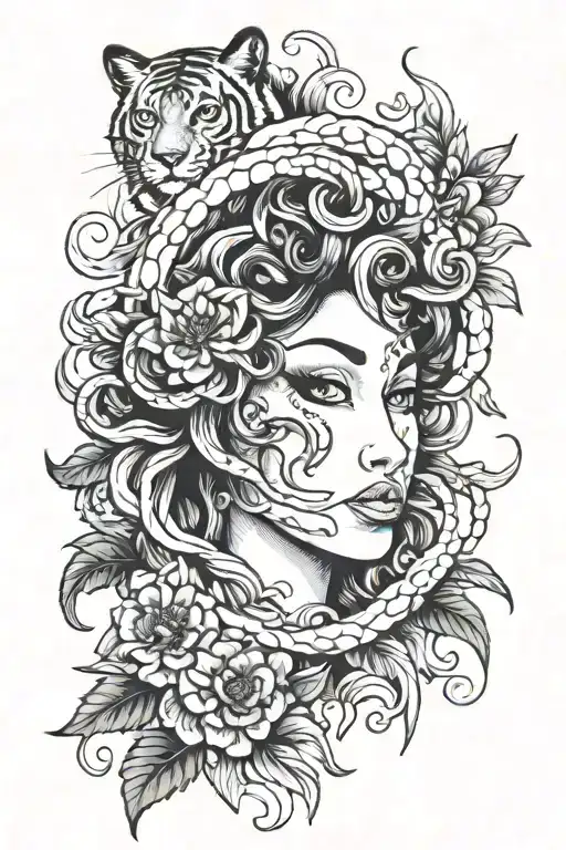 Medusa With Tiger Lilys And Red Anemone Flower