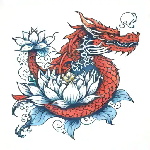 A Red Dragon Wrapped Around A Blue Lotus Flower