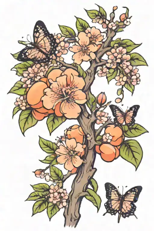 A Peach Tree With Violet Flowers And Butterflies
