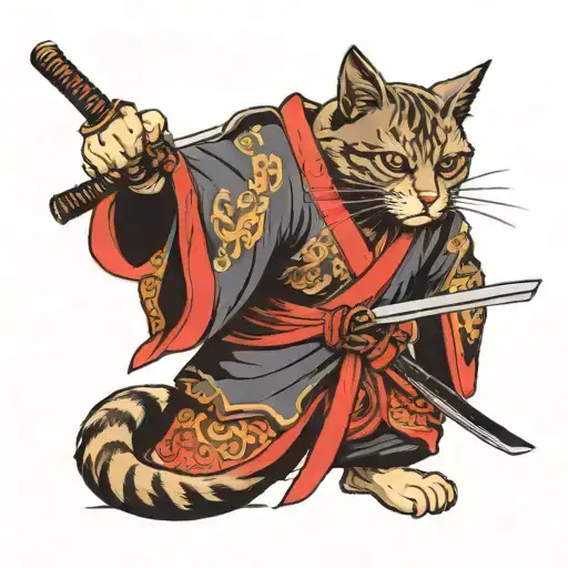 Cat Samurai Holding A Katana With Both Hands Pointinf Forward