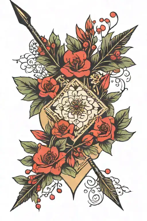 Arrow With Small Red Flowers And Stems Around The Arrow