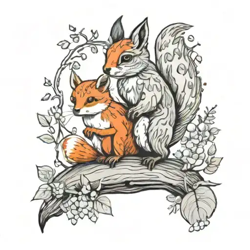 Squirrel And Fox By Stream With An Owl