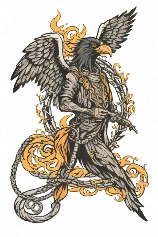 Fire Angel Holding A Raven On A Leash