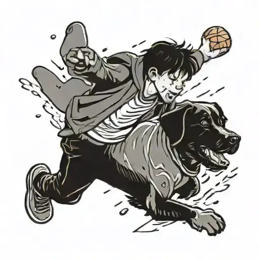 Boy And A Lab Dog Playing Basketball In The Falling Rain