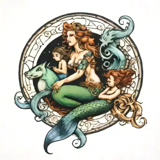 Mermaid With Two Children Anthony And Anaelle Wolf And Full Moon And Spiritual Symbol