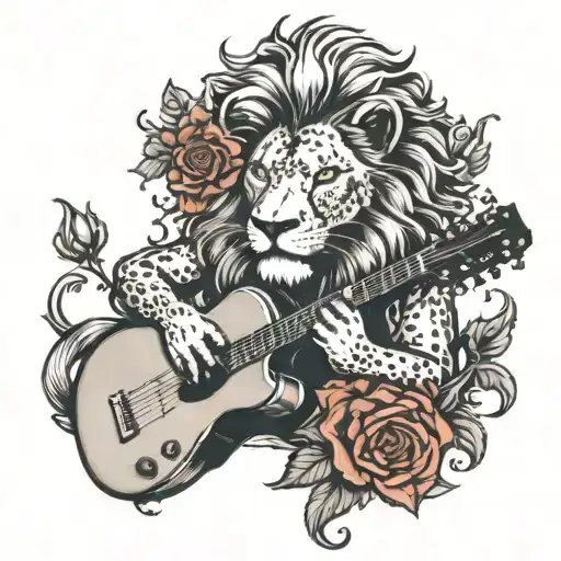 A Lion Playing A Guitar With Roses Intertwined In Its Mane