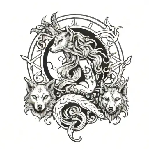 She-wolf Or Mermaid With Two Children Full Moon And Spiritual Symbol Clairvoyance