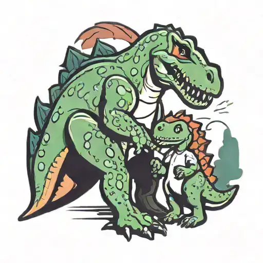 A Cartoon Style Dinosaur Dad Holding Hands With His Daughter As Seen From Behind