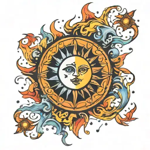 Sun And Moon Merging Together In Fire And Water