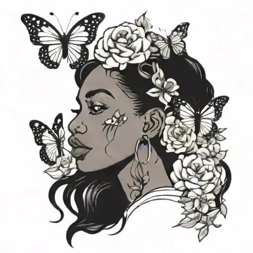 Black Women Face With Butterflies And Flowers