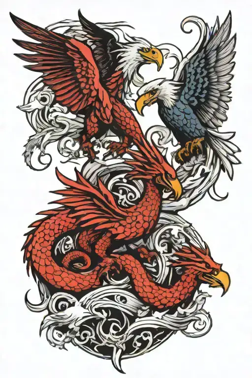 Red Dragon Intertwined With A Condor And A Bald Eagle