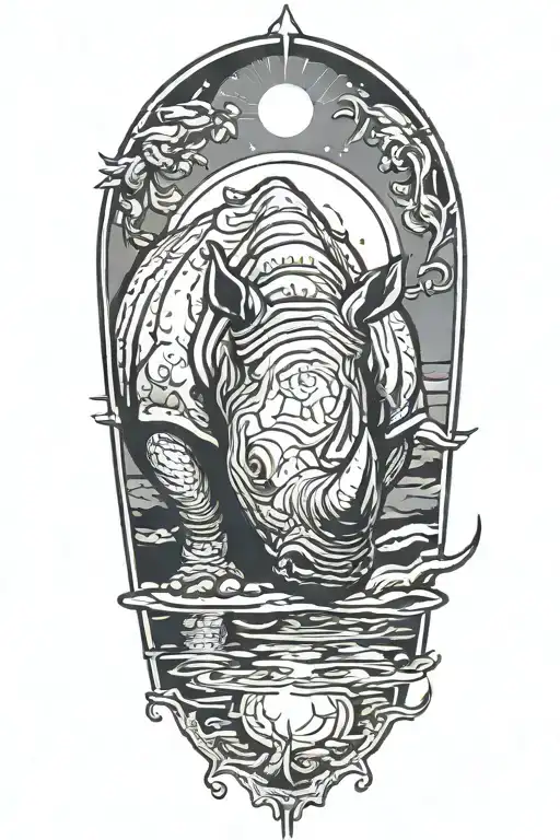 Rhinocerous With Moon Back Ground Reflecting Into A Pool Of Water