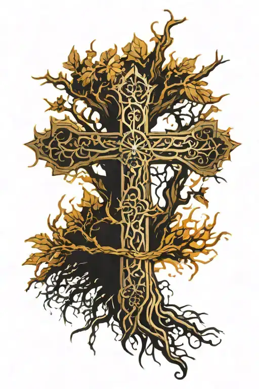 Cross With Throns Wrapping Tree With Roots