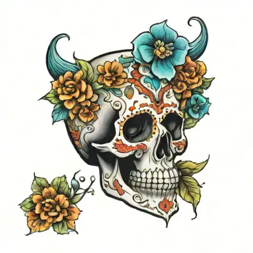A Intricate Day Of The Dead Skull Surrounded By Vibrant Ocean Flowers