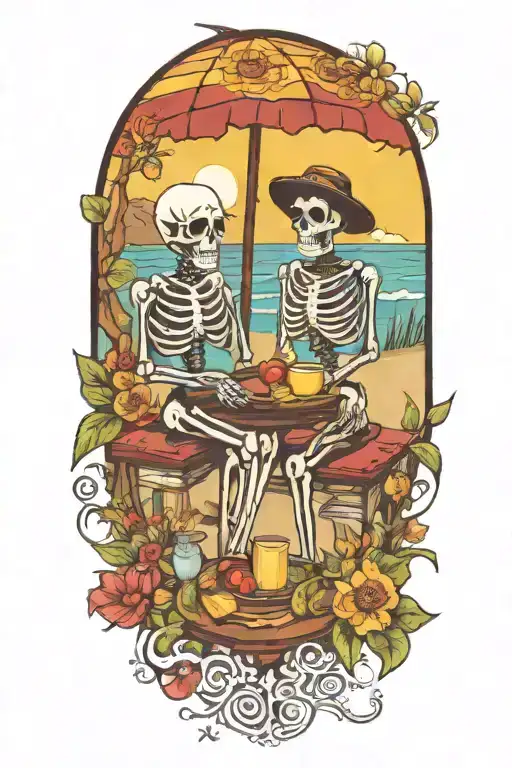 A Beach Scene With Day Of The Dead Skeletons Enjoying A Picnic Among Blooming Flowers